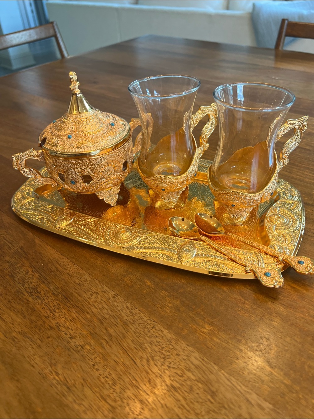 Turkish Elegant Gold Coffee Set with Ornate Tray